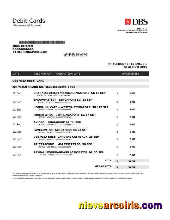 Singapore DBS bank proof of address statement in .doc and .pdf format
